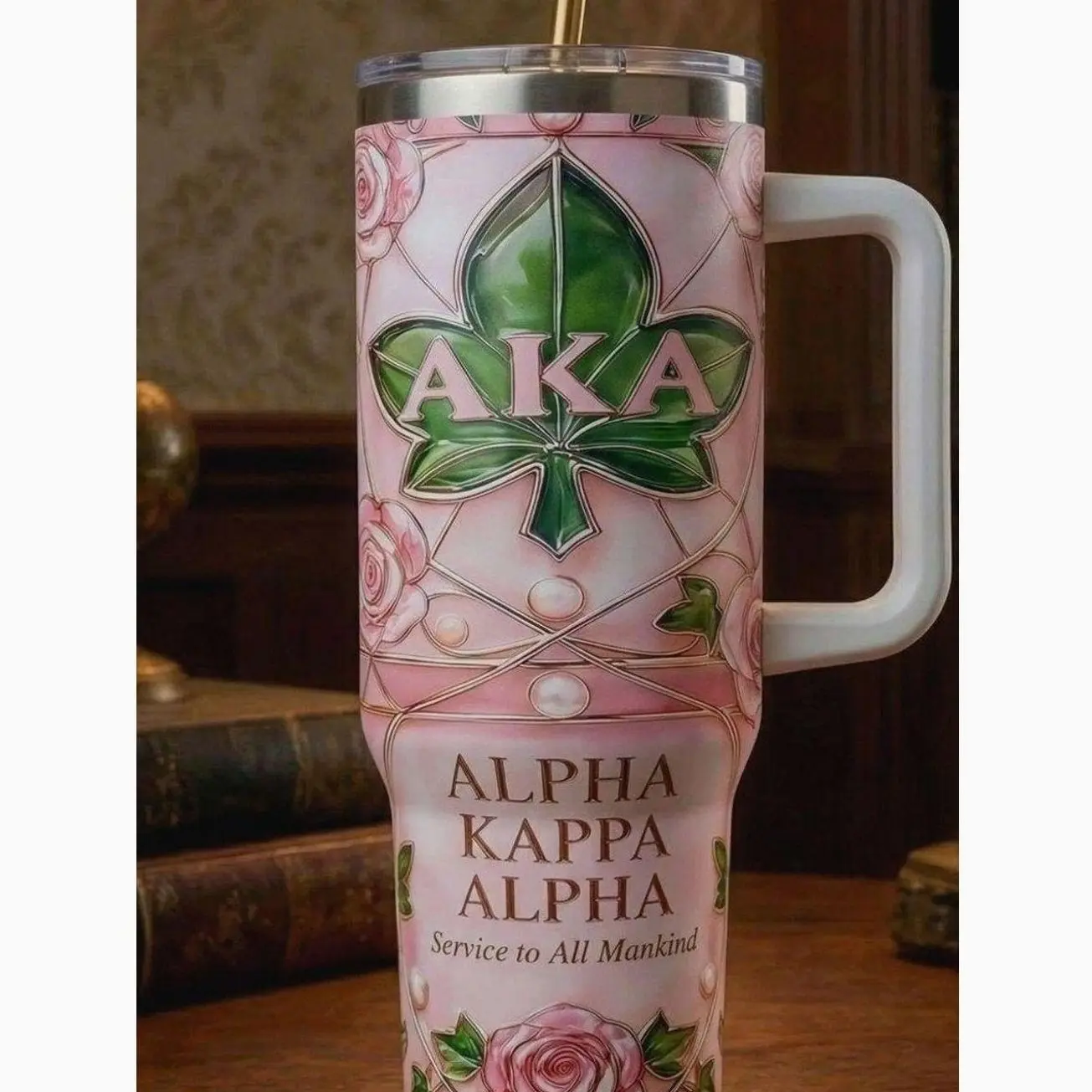 Alpha Kappa Alpha Tumbler with Handle – AKA Sorority Luxury Mug, Pink & Green Stainless Steel Cup, Perfect AKA Gift