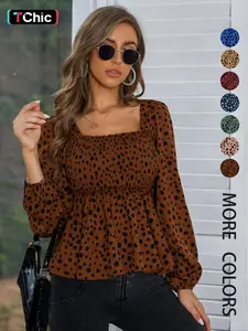 Women's All Over Print Frill Trim Shirred Peplum Blouse, Casual Bishop Sleeve Square Neck Top for Spring & Fall, Women's Clothing for Daily Wear