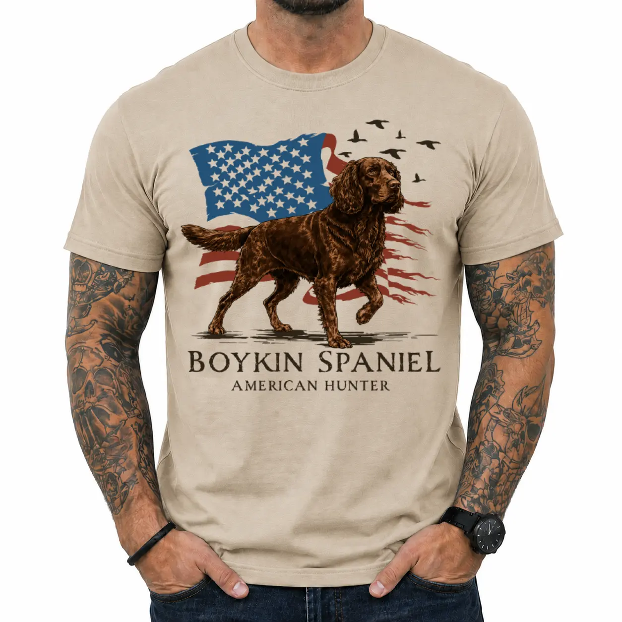 Boykin Spaniel Patriotic Hunting Dog T-Shirt, American Flag Duck Dog Graphic Tee, USA Waterfowl Hunting Shirt, Spaniel Hunter Apparel, Outdoor Hunting Gift for Men