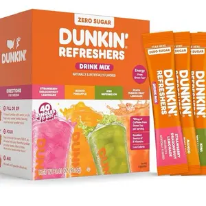 Dunkin’ Zero Sugar Refreshers Singles To Go! Powdered drink mix packets, 40 Ct Variety Pack, 40 Single serve Packets per Box (40 servings), Energy from Green Tea, aspartame-free, no synthetic colors, naturally and artificially flavored, just add water
