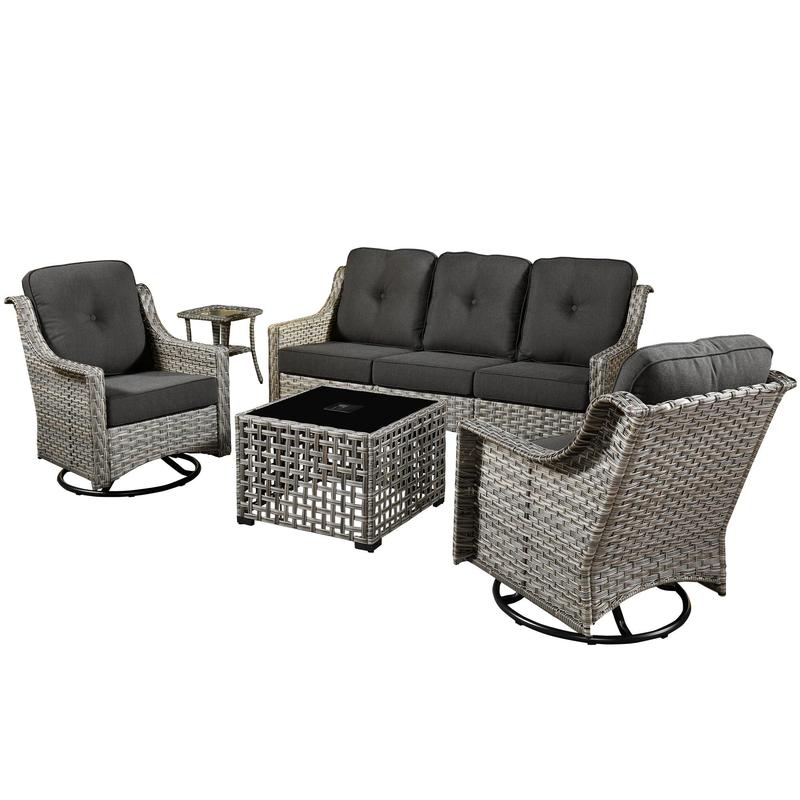 【4 Packages Shipping】Ovios 5 Pieces Outdoor Patio Furniture with 3-Seat Sofa,Rattan Wicker Coversation Set with Swivel Rocking Chair,Balcony Sofa Set with Shiny Solar Powered Coffee Table for Outside Porch Backyard PooL