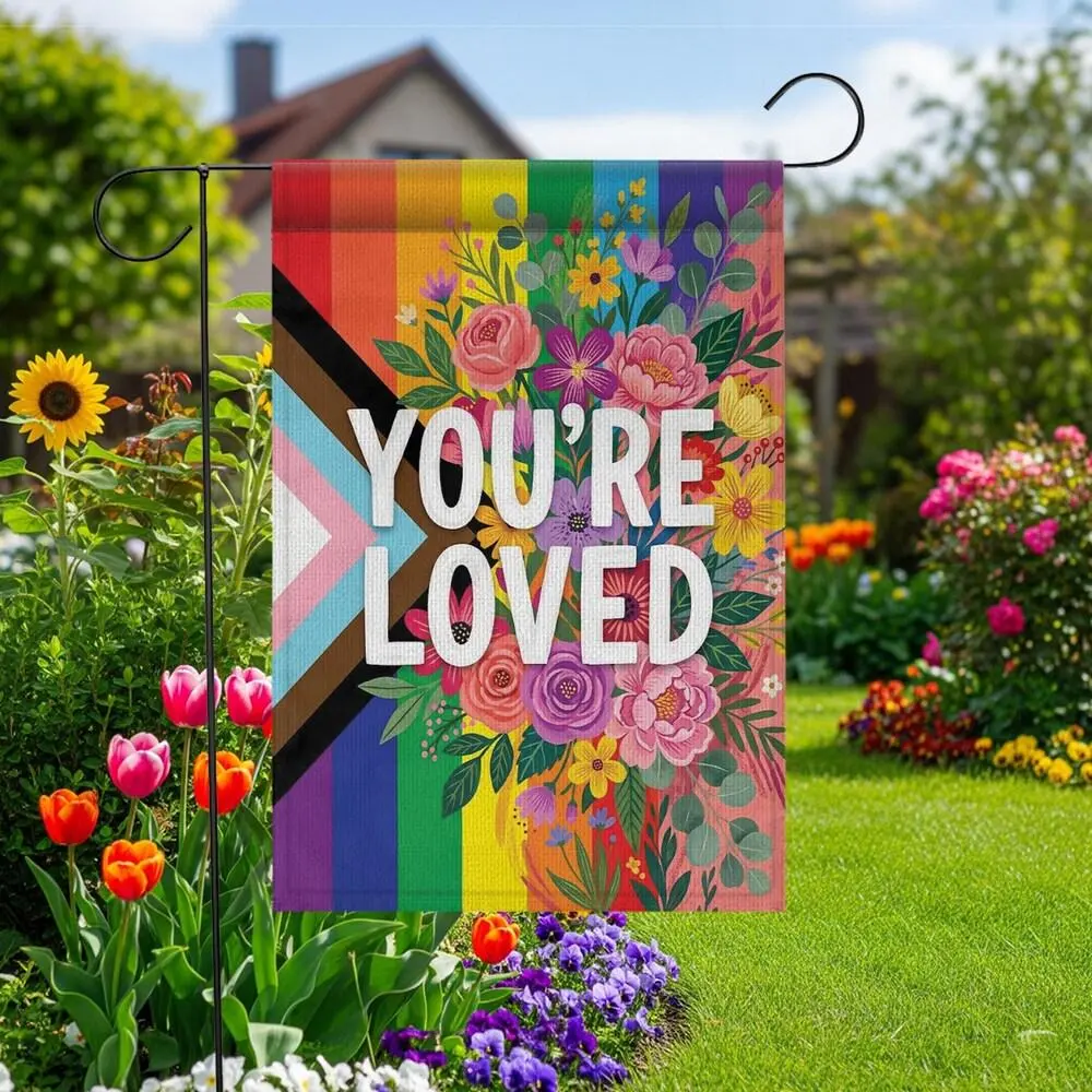 Floral Progress Pride Garden Flag: You're Loved LGBTQ Yard Decor