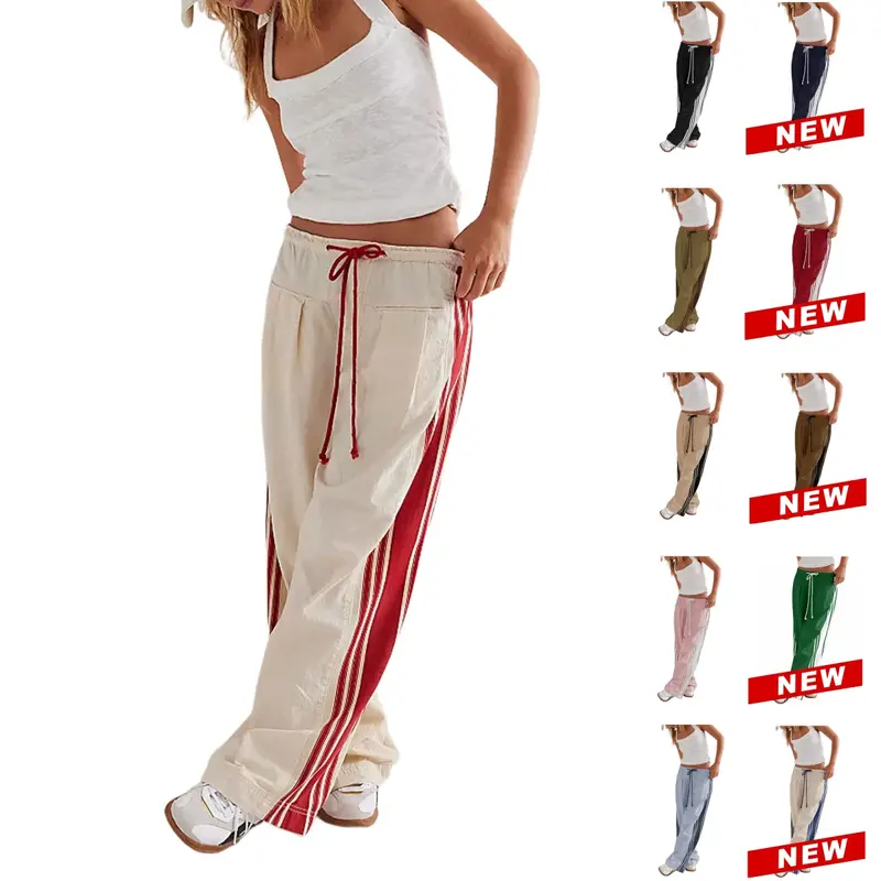 Tanming Womenswear Streetwear Stripe Straight Cut Barrel Leg Parachute Cargo Pants Y2K Elasticated Waistband Soft Wide Leg Pants with Pockets Casual Sweatpants for Hyrox