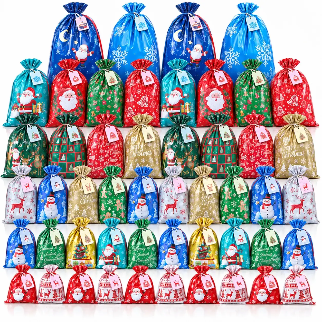 100-piece Gift Bag & Tags Set, Colorful Drawstring-Shiny Aluminum Foil Reusable Material for Gifts Wrapping & Xmas Decorations