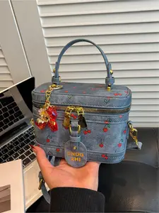 2026 New Cherry Print Box Bag, Vintage Denim Style Handbag, Versatile Crossbody Shoulder Bag, Fashionable Accessory for All Seasons