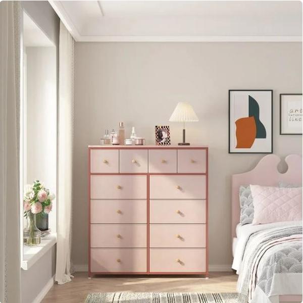RaybeeFurniture Pink Dresser for Bedroom with 12 Drawers, Sturdy Metal Frame and Wooden Top, for Bedroom, Closet present  cabinets
