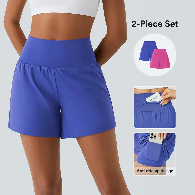 【Creator’s Pick】Halara 2-Piece Super High Waisted Back Pocket & Side Hidden Pocket 2-in-1 Yoga Shorts Set 5''-Longer Length