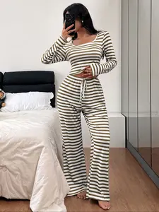 Women's Autumn Winter Pajama Set Loungewear, U Neck Design, Striped Print Casual Simple Style, Soft Skin-Friendly Fabric, Indoor Outdoor Wear, Airport Outfit