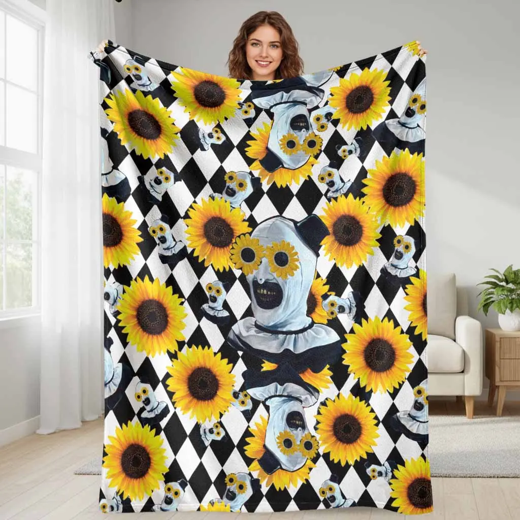 Sunflower Clown Flannel Blanket Art Themed Pattern Soft Lightweight Warm Fuzzy Cozy Throw Decor For Living Room Couch Bedroom Bed Sofa Couch Sleeping Camping Travel Office Gift Idea