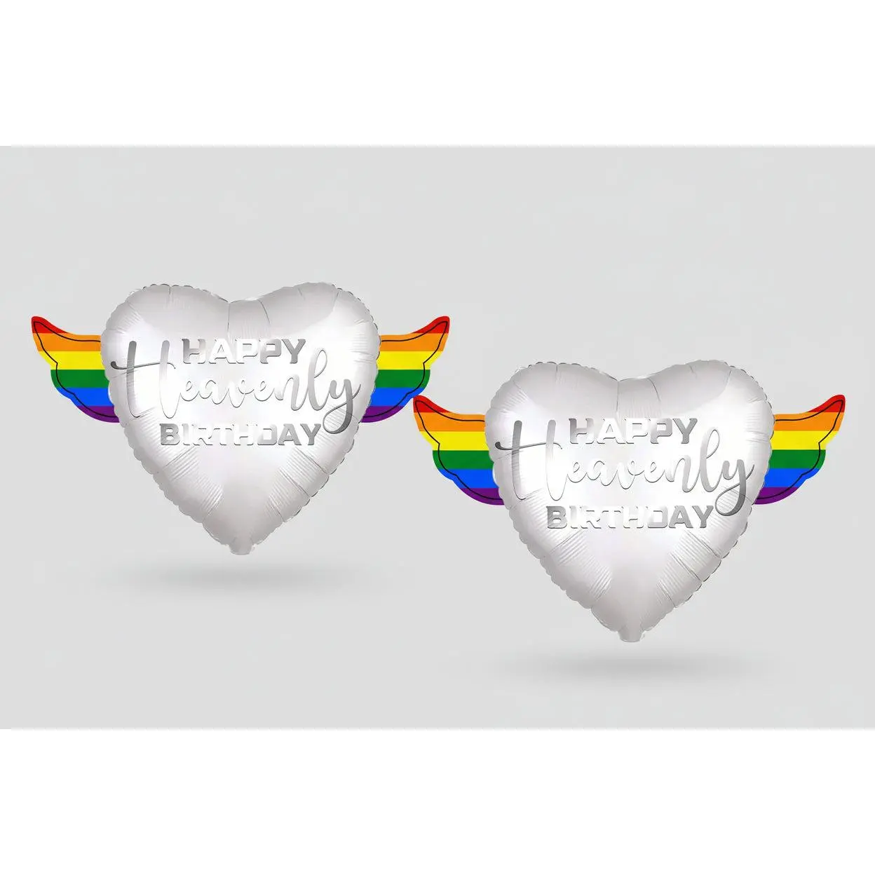 Happy Heavenly Birthday Memorial Balloon 17" – Heart with Rainbow Angel Wings | 2-Pack | Silver Script