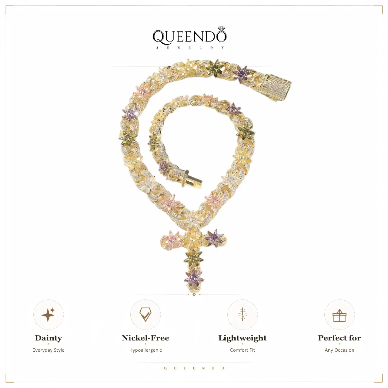 QUEENDO Unisex Colorful Star Cross Pendant Cuban Link Necklace - Iced Out Multicolor Star-Inlaid Copper Chain with Metal Coating, Long Street Hip Hop Statement Choker, Party & Daily Jewelry Gift