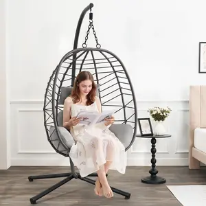 【CategorySelect】ONBRILL PE Rattan Wicker Swing Chair, Outdoor Indoor Hanging Egg Chair with UV Resistant Cushion and Stand