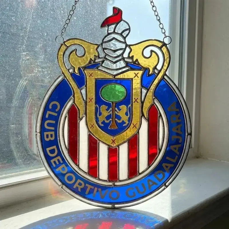 Cottagecore Stained Glass Chivas Guadalajara Crest Suncatcher Handcrafted Window Hanging Ornament Retro Mexican Soccer Fan Club Deportivo Home Decor Gift