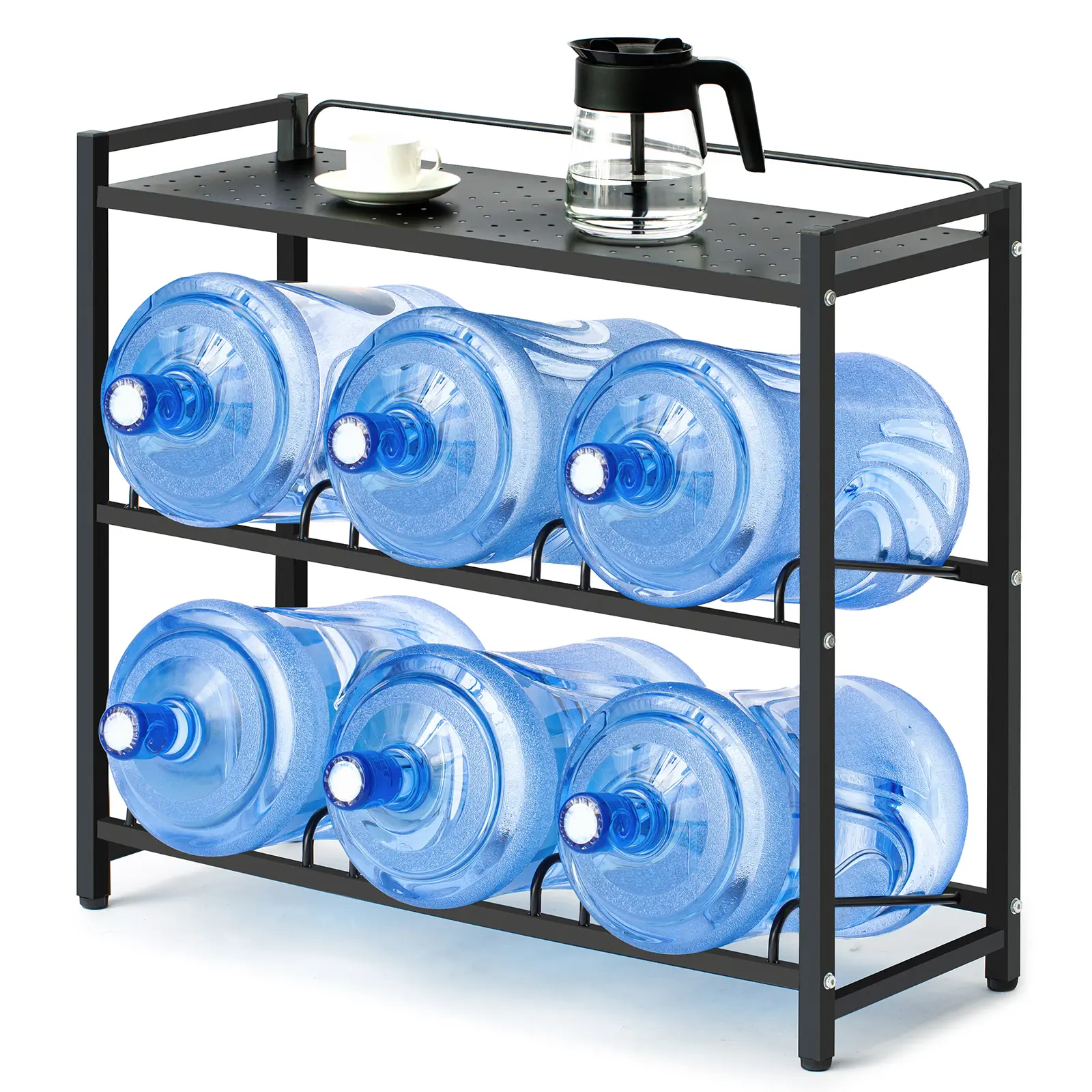 CZMY 5 Gallon Water Bottle Holder 6-Tray 3/5 Gallon Water Jug Rack with Top Shelf Heavy Duty 5 Gallon Water Jug Stand for Kitchen, Office, Garage Black