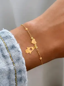 Heart Shaped Initial Hamsa Hand Pendant Bracelet for Women, Fashion Stainless Steel Bead Chain, Elegant Ladies Jewelry, All Seasons