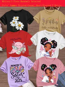 Girls' Summer Trendy Fashion Short Sleeve T-Shirt, Floral Pattern Print, Cute Graphic Tee, Comfortable Versatile Top, Casual Clothing Gift