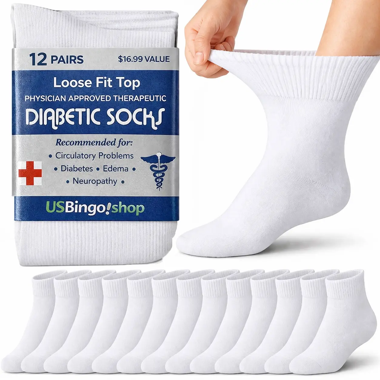USBingoshop Top 12 Pairs Men's Loose Cotton Crew Diabetic Mid-Calf Socks (Size 10-13) - Soft Elastic Plain Casual, Circulatory Socks for Diabetes, Edema - Menswear