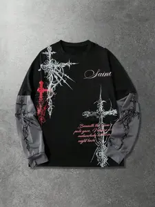 Men's Gothic Vintage Cross Print Faux Two-Piece Long Sleeve T-Shirt, Casual Graphic Design, Casual Fashion, Comfortable Fit, Perfect for Daily Wear, Streetwear