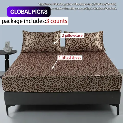 【Black Friday】Leopard-Print Polyester Satin Bedding Set, 3 Pieces Including 1 Fitted Sheet and 2 Pillowcases, Bed Linens for Home and Hotel Decor