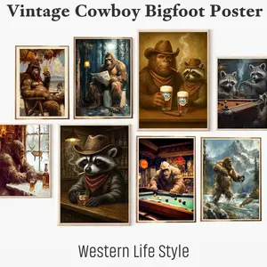 Vintage Sasquatch light one up & drink cold brew unframed poster, Funny Bigfoot Racoon print wall art, Cowboy Cabin Cave Bar Decor, Gift for Men Dad Hunters