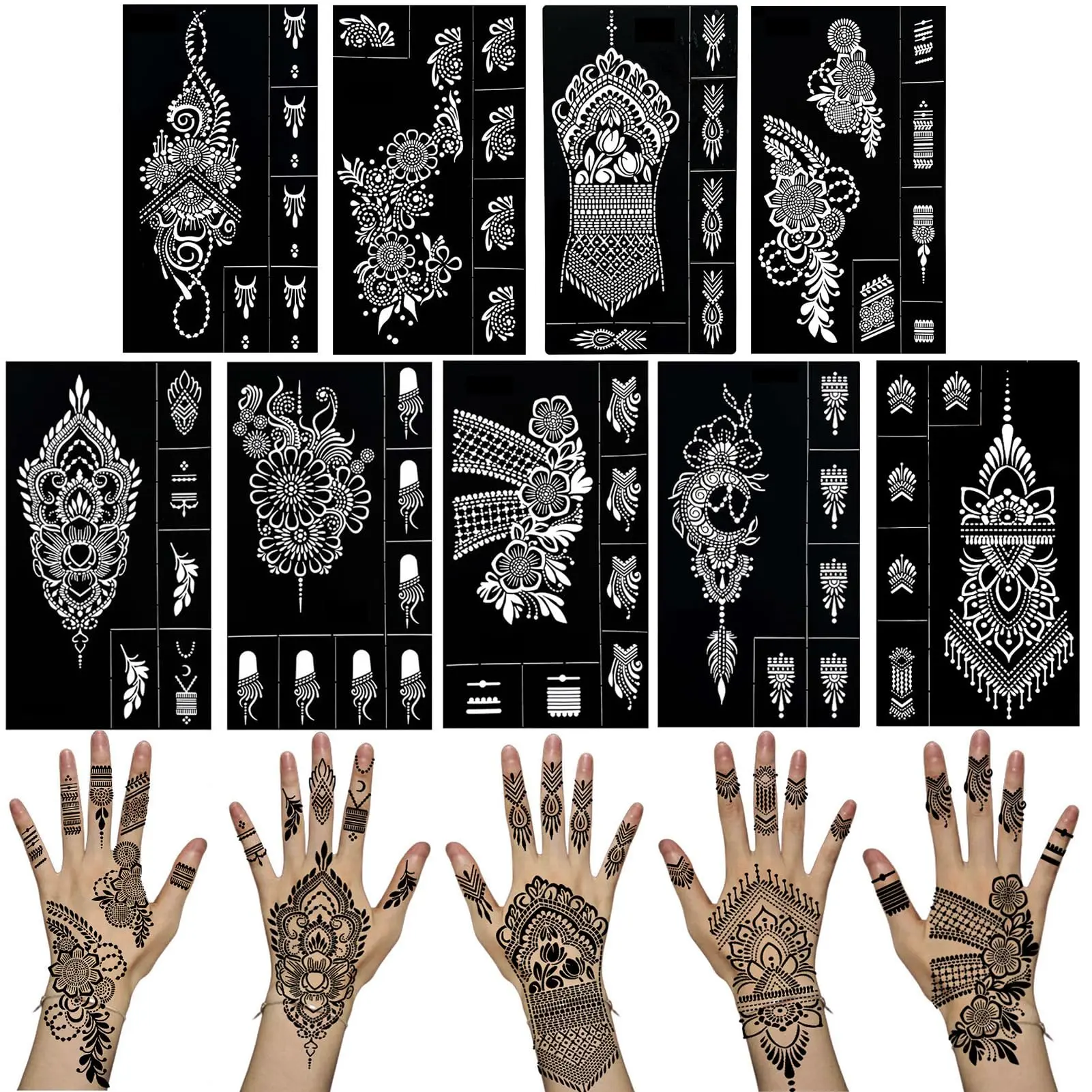 Indian Arabian Henna Tattoo Stencils kit for Hand Forearm, Self Adhesive Temporary Tattoo Stickers Glitter Airbrush DIY Tattooing Templates for Women Girls