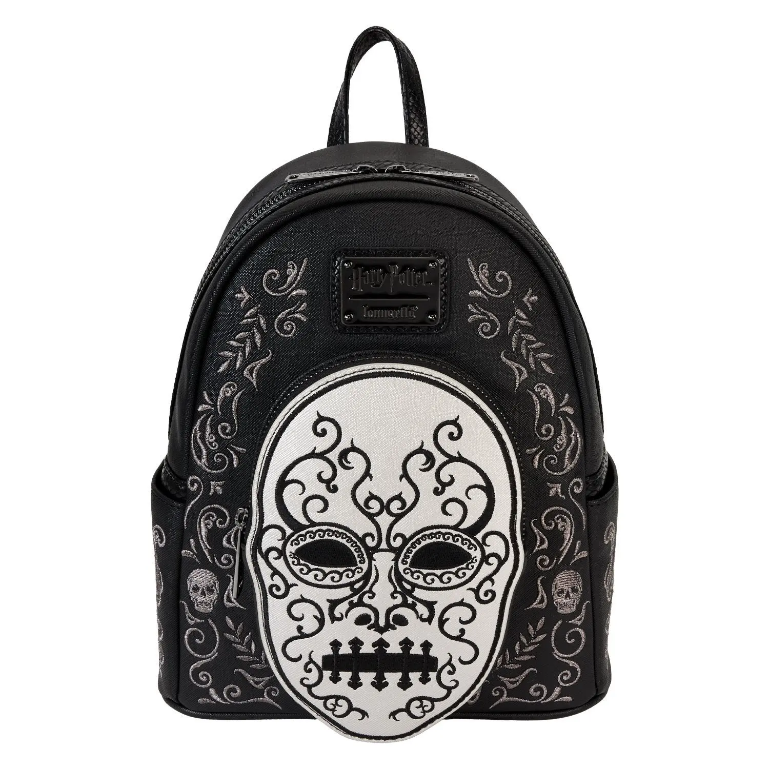 Loungefly Harry Potter Death Eater Cosplay Mini Backpack, Metallic Faux Leather Casual Daypack with Applique Skull and Embroidered Details