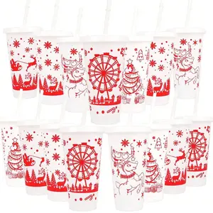 20/30pcs Christmas Plastic Water Cup With Lid, Straw Cup, Party Cup - 24oz Reusable Plastic Hot And Cold Drink Cup With Santa Claus, Reindeer, Christmas Tree, Big Windmill, Snowflake, 710ml Large Capacity, Lightweight And Easy To Carry new tumbler