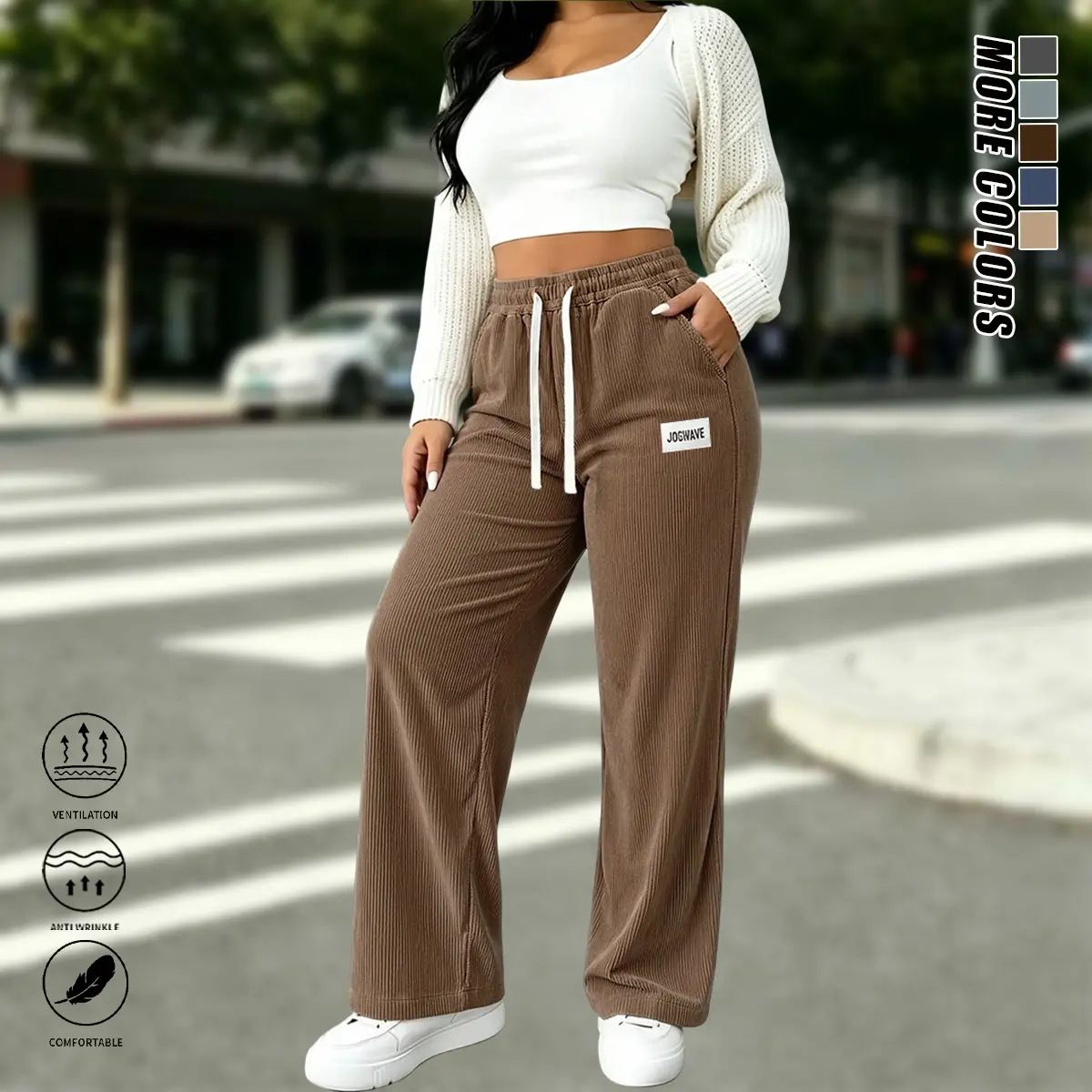 Women’s corduroy casual pants, solid color, straight leg, elastic drawstring waistband, suitable for outdoor sports and casual wear; women’s long pants, women’s casual pants, womenswear