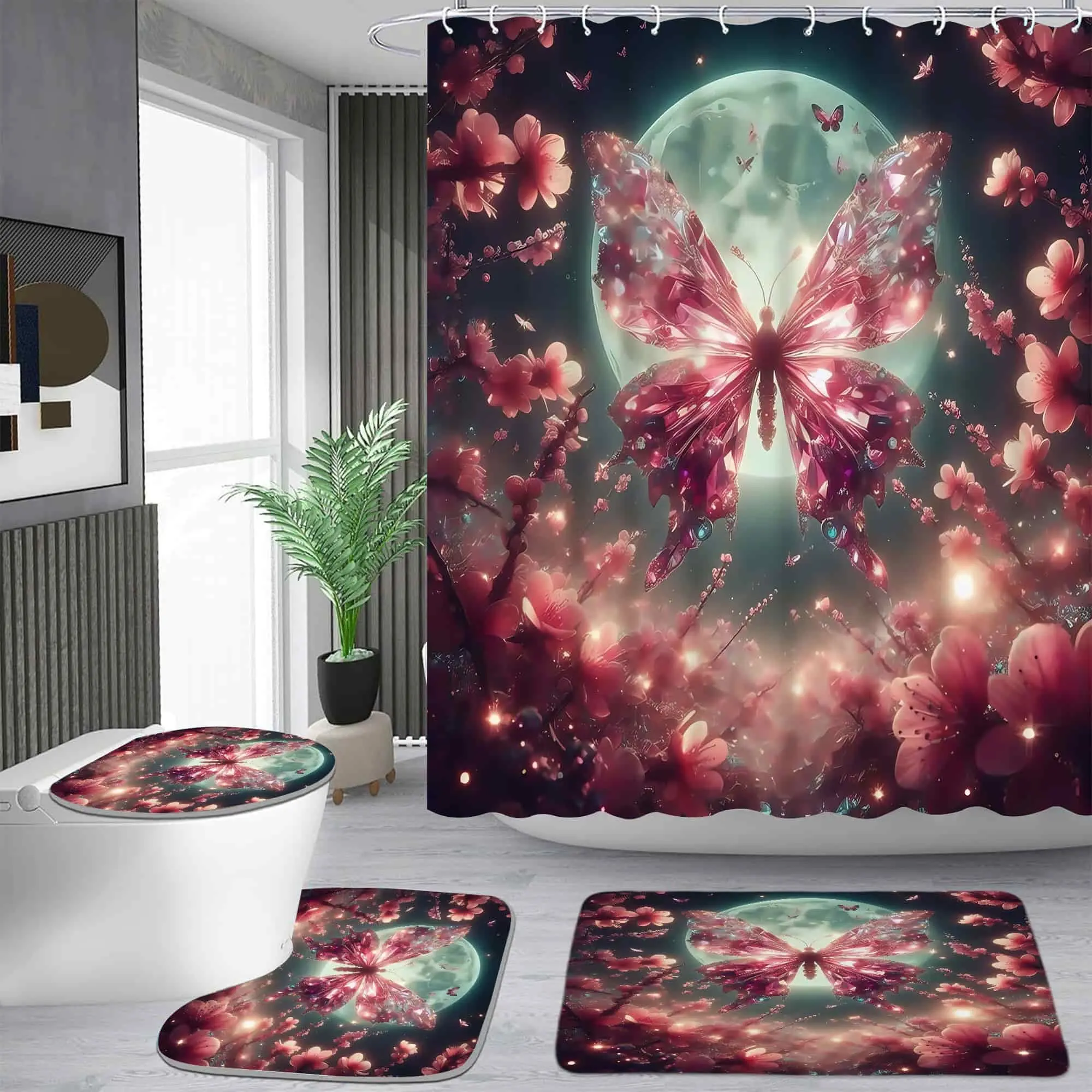 Crystal red butterfly moonlight pattern shower curtain set, waterproof shower curtain with 12 hooks, non-slip bathroom carpet, toilet U-shaped cushion, toilet seat cover cushion, bathroom shower curtain set, perfect moving gift.