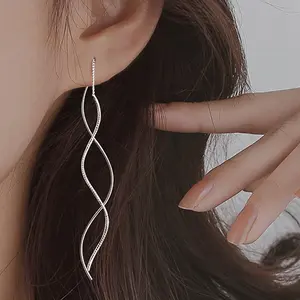 Korean Fashion Long Wave Tassel Earrings for Women Jewelry 2024 Trending New Rotating Twisted Women's 925 Silver Needle Earrings