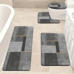 3pcs/4pcs Gray Striped Pattern Bathroom Mat Set Toilet Lid Cover and Rug Bath Decor U-Shaped Foot Mats