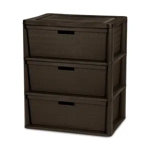 Sterilite Wide 3 Drawer Tower, Plastic Storage Organizer with Removable Decorative Bins, Easy to Assemble - No Tools Needed, Brown