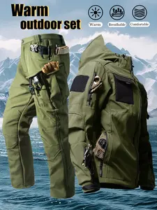 Autumn/Winter Men's Tactical Jacket + Fleece-Lined Cargo Pants Two-Piece Set - Multi-Pocket Shell Jacket/Khaki Tactical Outfit, for Outdoor Camping, Cycling, Fishing, Hunting, Training - Tear-Resistant Fabric with Reinforced Stitching