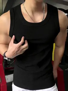Men's Fitted Ribbed Vest, Breathable Elastic Round Neck, Casual Summer Sportswear, Graphic Print, Sleeveless, Street Style, Workout Vest