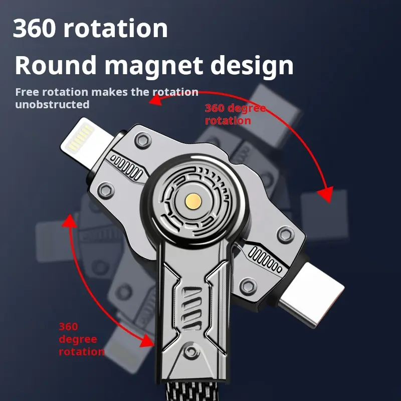 EVARY 4-in-1 360-Degree Rotating Cable – MAX 100W Fast Charging Data Transfer Portable Charger with USB+Type-C+Lightning Ports, for iPhone 16/15, iPad & Samsung Galaxy Electronic Smartphone