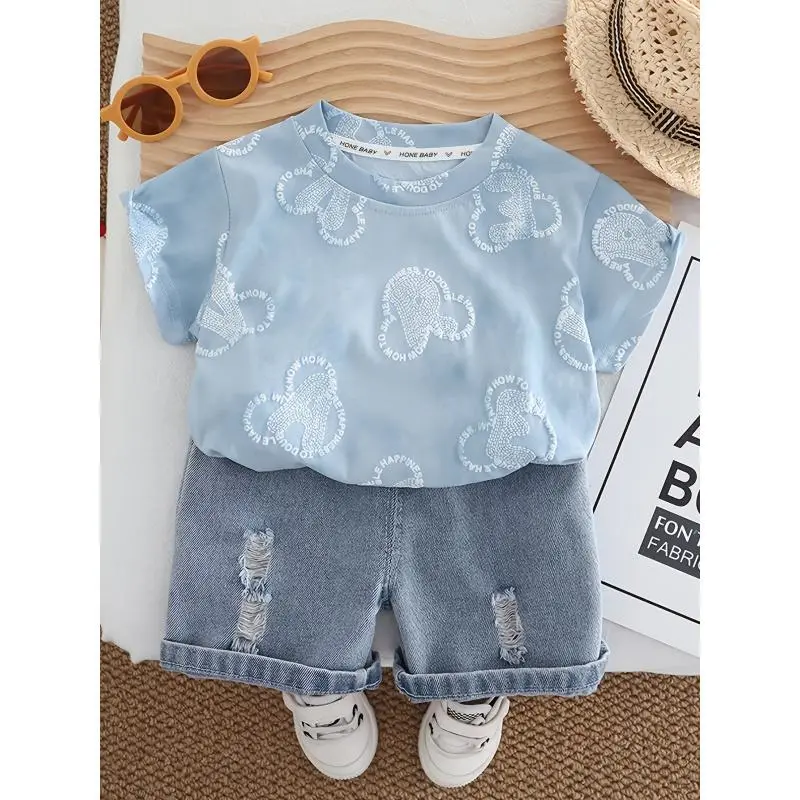 2pcs Boys Summer Outfit Light Blue Letter Print Short Sleeve T-Shirt Light Blue Distressed Denim Shorts Back To School Casual Birthday Party Outing Holiday Fresh Playful Essential