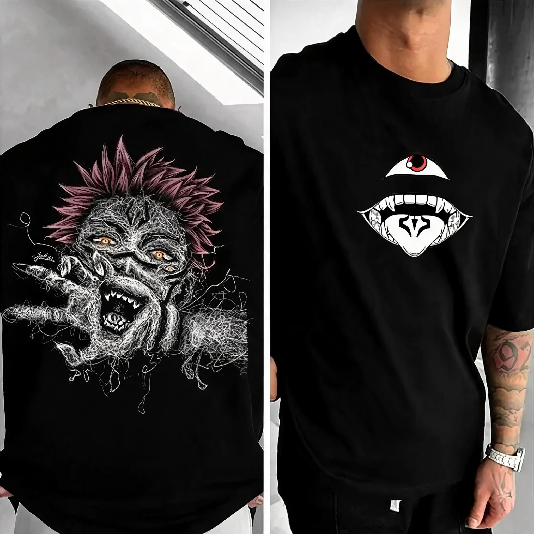 Anime Sukuna Scribble Graphic T-Shirt, Cool Oversized Black Streetwear Tee Unisex Sukuna Back Print Oversized Tee, High Street Scribble Anime Graphic Shirt