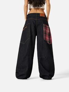 AELFRIC EDEN Super Baggy Jeans Plaid Patchwork Big Pocket Denim Trousers Unisex Vintage Pants Casual Style, Check, Wide Leg