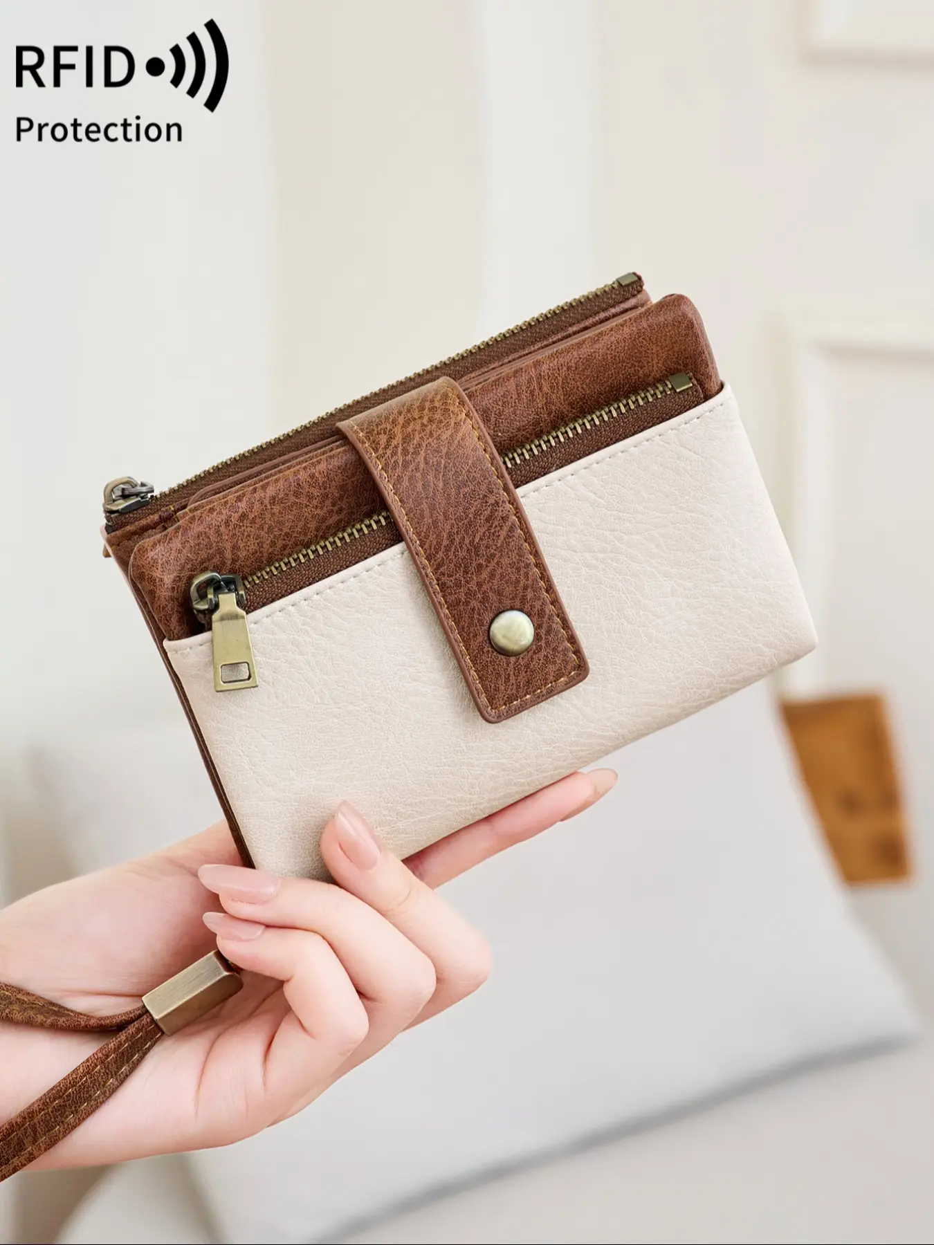 Women's RFID Blocking Wristlet Design Lightweight Zipper Wallet, Vintage Style Multi-Card Holder for Business and Travel Use, Fashionable Versatile Purse, Vintage Chic Purse