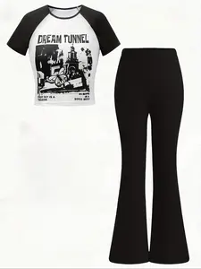 Girl's Butterfly Letter Print Tee & Solid Flare Leg Pants Two-piece Set, Casual Raglan Sleeve Round Neck Top & Trousers for Daily Wear, Kids Clothing for Summer, Summer Outfits Set, Casual Fashion Set