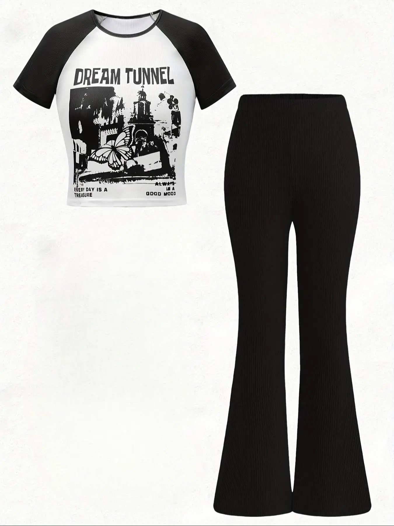 Girl's Butterfly Letter Print Tee & Solid Flare Leg Pants Two-piece Set, Casual Raglan Sleeve Round Neck Top & Trousers for Daily Wear, Kids Clothing