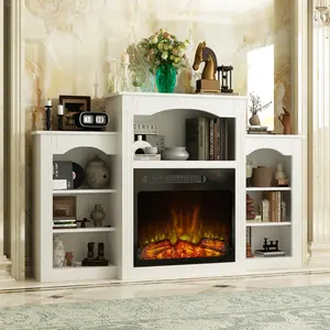 58.8” Electric Fireplace TV Stand with Open Shelves, Modern TV Console with 23.8” Fireplace, Small Media Center with LED Lights, for Living Room White