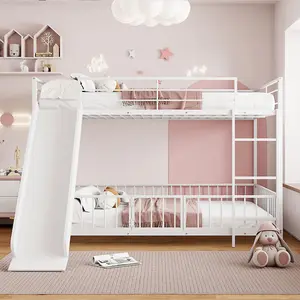 Full Over Full Bunk Bed Frame, Metal Low Bunk Beds with Slide and Ladder, Removable Fence and Door, White