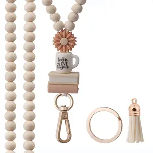 Boho Style Wooden Beads Tassel Keychain Lanyard, 1 Set Detachable Keychain for Teacher's Work Permit, Work Tag, Identification Badges & Supplies