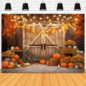 1pc 2D Flat Thanksgiving Farmhouse Backdrop - Autumn Harvest Barn Door Scene with Pumpkins, Maple Leaves - Rustic Wedding, Birthday, Fall Party Decorations - No Electricity Needed, Easy Hang Pol Banners White
