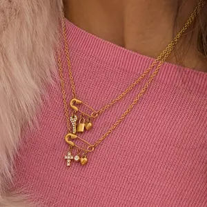 Stainless Steel Safety Pin Necklace with Front Clasp Fashionable Design Pendant-Ready Statement Chain for Women