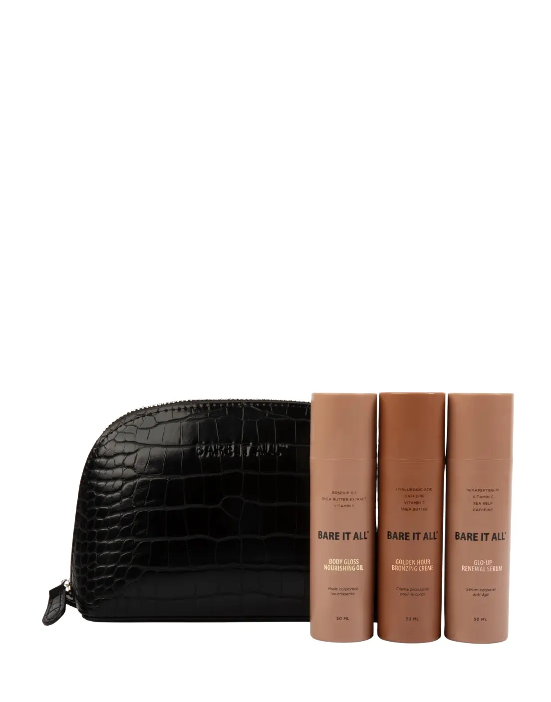 Bare It All Skin Travel Best Sellers Kit + Croc Bag - 3 x 50ml Travel Glow Set - Golden Hour Bronzer, Glo-Up Serum & Body Gloss - Peptides, Vitamin C & Rosehip Oil - Firming, Bronzing & Shimmer Glow - Vegan - For Women