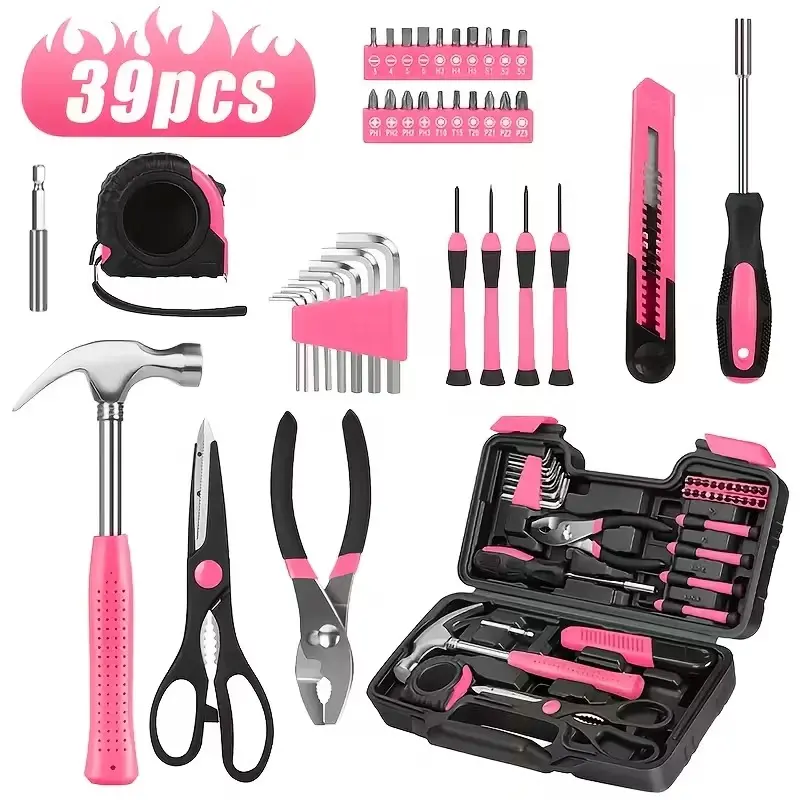 39pcs Pink Tool Kit | Includes Screwdriver, Utility Knife, Scissors, Tape Measure, Hammer, Internal Hex Wrench, Pliers | Suitable for Home, Garage, Garden, Office, College Dormitory | Ideal for Women