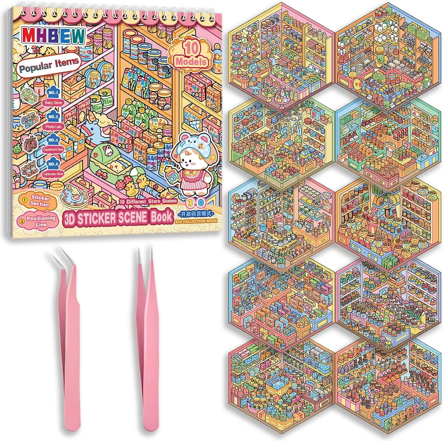 10 Sets Big DIY 3D Sticker Scene Book for Adults Cozy Room Sticker Therapy