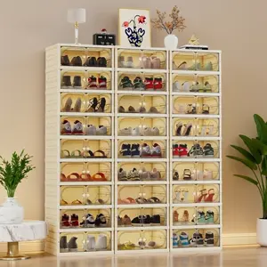 Transparent multi-functional foldable shoe rack with 3/6/9 tiers, featuring transparent doors, capable of folding to store 18 pairs of shoes, space-saving cabinet for bedroom boxes
